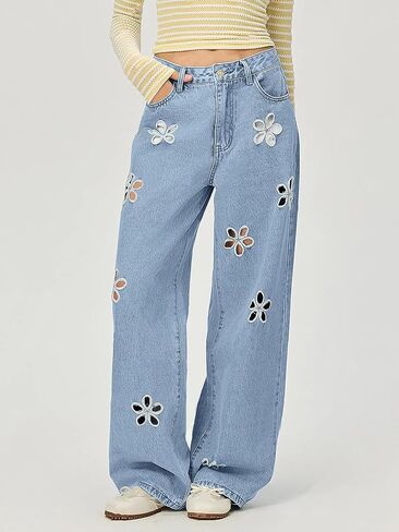 chouyatou Women's Y2k Baggy Wide Leg Denim Pants Hollow Out Flower Boyfriend Mid Rise Barrel Jeans with Pockets in Saudi Arabia