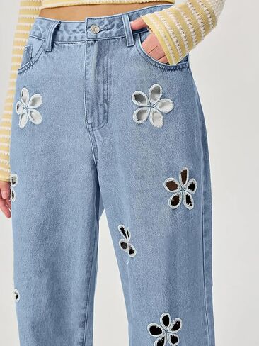 chouyatou Women's Y2k Baggy Wide Leg Denim Pants Hollow Out Flower Boyfriend Mid Rise Barrel Jeans with Pockets in Saudi Arabia