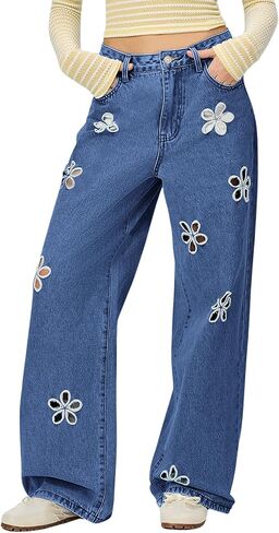 chouyatou Women's Y2k Baggy Wide Leg Denim Pants Hollow Out Flower Boyfriend Mid Rise Barrel Jeans with Pockets in Saudi Arabia
