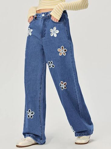 chouyatou Women's Y2k Baggy Wide Leg Denim Pants Hollow Out Flower Boyfriend Mid Rise Barrel Jeans with Pockets in Saudi Arabia