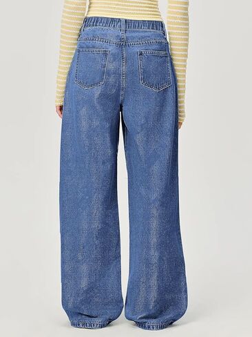 chouyatou Women's Y2k Baggy Wide Leg Denim Pants Hollow Out Flower Boyfriend Mid Rise Barrel Jeans with Pockets in Saudi Arabia
