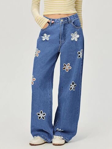 chouyatou Women's Y2k Baggy Wide Leg Denim Pants Hollow Out Flower Boyfriend Mid Rise Barrel Jeans with Pockets in Saudi Arabia
