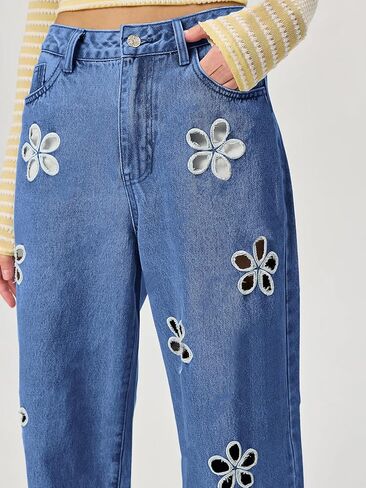 chouyatou Women's Y2k Baggy Wide Leg Denim Pants Hollow Out Flower Boyfriend Mid Rise Barrel Jeans with Pockets in Saudi Arabia