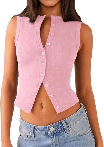 Women Y2k Button Down Tank Tops Knitted Solid Color Sleeveless Vest Top Slim Fit Crop Going Out Tops Streetwear in Kuwait