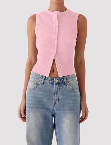 Women Y2k Button Down Tank Tops Knitted Solid Color Sleeveless Vest Top Slim Fit Crop Going Out Tops Streetwear in Kuwait