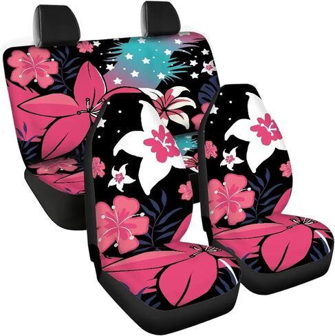 يغطي مقعد السيارة المخصص حامي مقعد أمامي مُجهزة مُجهزة شاملة مع مقعد خلفي خلفي خلفي Hibiscus طباعة مخصصة ناعمة متينة مقاعد السيارات مرنة متينة لشاحنات مركبة in Kuwait