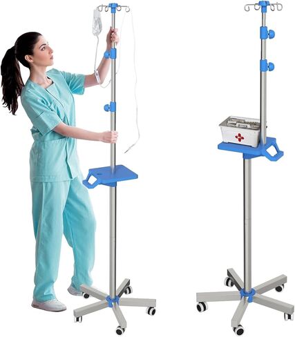 Rolling IV Pole with Tray - Stainless Steel 4 Hooks IV Stand with Wheels Height Adjustable for Clinic Home Care in Kuwait