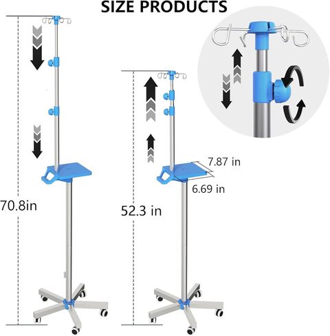 Rolling IV Pole with Tray - Stainless Steel 4 Hooks IV Stand with Wheels Height Adjustable for Clinic Home Care in Kuwait