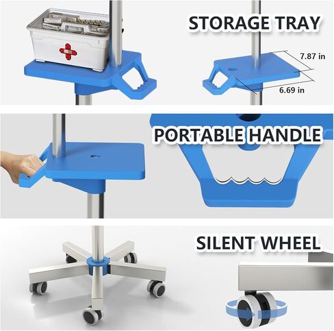 Rolling IV Pole with Tray - Stainless Steel 4 Hooks IV Stand with Wheels Height Adjustable for Clinic Home Care in Kuwait