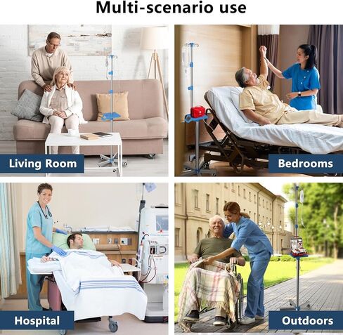 Rolling IV Pole with Tray - Stainless Steel 4 Hooks IV Stand with Wheels Height Adjustable for Clinic Home Care in Kuwait