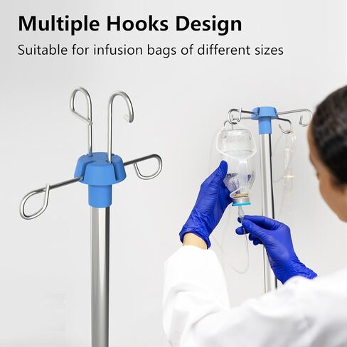 Rolling IV Pole with Tray - Stainless Steel 4 Hooks IV Stand with Wheels Height Adjustable for Clinic Home Care in Kuwait