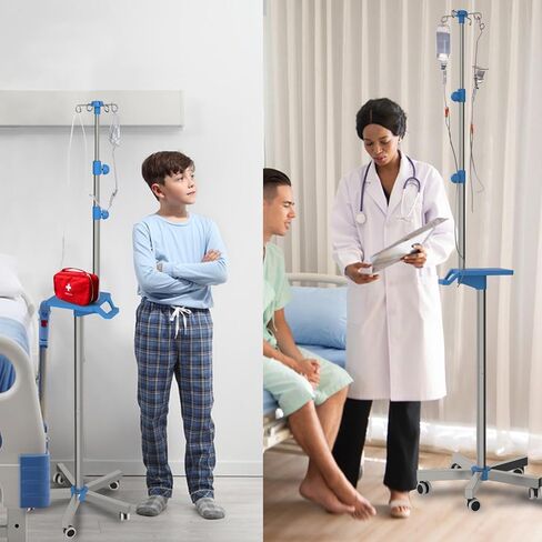 Rolling IV Pole with Tray - Stainless Steel 4 Hooks IV Stand with Wheels Height Adjustable for Clinic Home Care in Kuwait