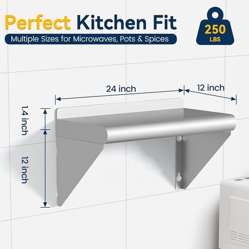 رف من الفولاذ المقاوم للصدأ مقاس 12 بوصة × 24 بوصة - عبوتان بوزن 250 رطلًا من أرفف الفولاذ المقاوم للصدأ التجارية المثبتة على الحائط، رفوف معدنية للمطعم والبار وغرفة المرافق والمطبخ والمرآب in Kuwait