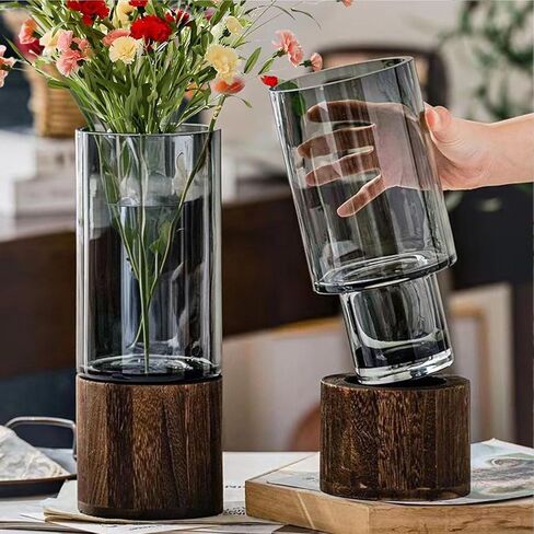 زهرية زجاجية طويلة طولها 10 بوصات ، مزهرية زهرة أسطوانية خشبية ، نمط ريفي كلاسيكي للموقد ، موقد ، مطبخ ، غرفة نوم ، غرفة معيشة ، مكتب مكاتب مركزية in Kuwait