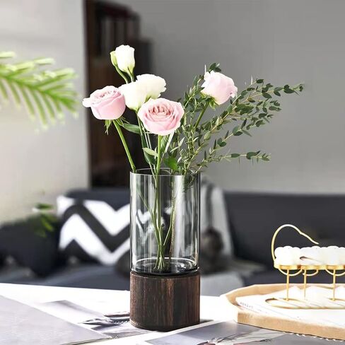 زهرية زجاجية طويلة طولها 10 بوصات ، مزهرية زهرة أسطوانية خشبية ، نمط ريفي كلاسيكي للموقد ، موقد ، مطبخ ، غرفة نوم ، غرفة معيشة ، مكتب مكاتب مركزية in Kuwait