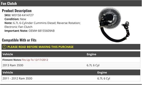 Electronic Fan Clutch - Compatible with 2011-2013 Ram 3500 6.7L 6-Cylinder Turbo Diesel (Up To 12/17/2012) in Saudi Arabia