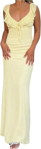 SOLY HUX Women's Summer Maxi Dress V Neck Ruffle Sleeveless Bodycon Cocktail Party Long Dresses in Kuwait