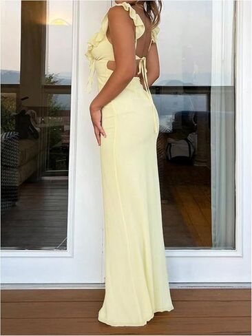 SOLY HUX Women's Summer Maxi Dress V Neck Ruffle Sleeveless Bodycon Cocktail Party Long Dresses in Kuwait