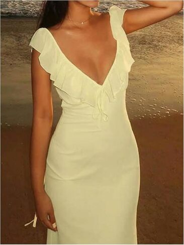 SOLY HUX Women's Summer Maxi Dress V Neck Ruffle Sleeveless Bodycon Cocktail Party Long Dresses in Kuwait