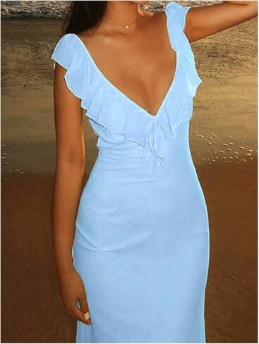 Soly Hux Women's Summer Maxi Dress V الرقبة كشكش أكمام in Kuwait
