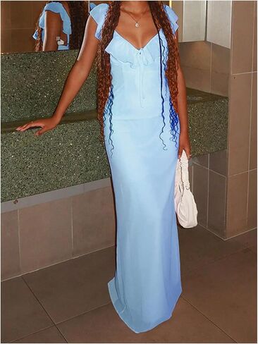 Soly Hux Women's Summer Maxi Dress V الرقبة كشكش أكمام in Kuwait