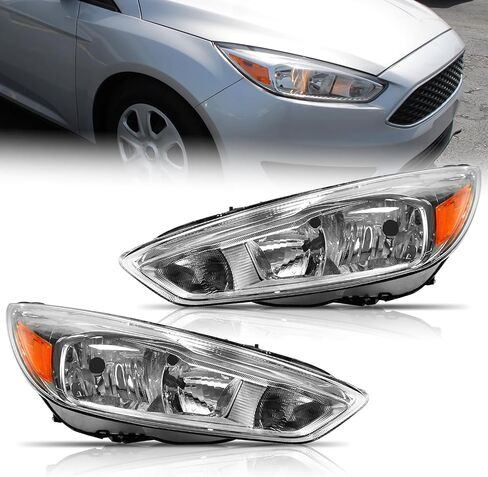 مجموعة المصابيح الأمامية الهالوجين تناسب Ford Focus S/SE/ST 2015-2018 ، مصابيح أمامية محفوظة كروم العاكس العنبر وجانب الركاب in Saudi Arabia