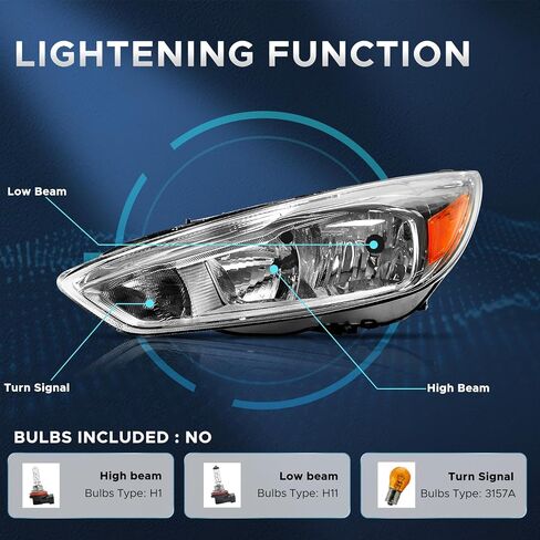 مجموعة المصابيح الأمامية الهالوجين تناسب Ford Focus S/SE/ST 2015-2018 ، مصابيح أمامية محفوظة كروم العاكس العنبر وجانب الركاب in Saudi Arabia