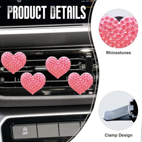 NTNEV 4PCS CAR CAR BLING AIR VENT ، إكسسوارات حجر الراين الكريستالي على شكل قلب ، إكسسوارات تزيين السيارات العالمية ، مقطع مخرج تكييف الهواء (وردي) in Kuwait