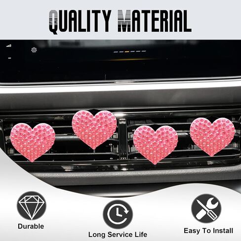 NTNEV 4PCS CAR CAR BLING AIR VENT ، إكسسوارات حجر الراين الكريستالي على شكل قلب ، إكسسوارات تزيين السيارات العالمية ، مقطع مخرج تكييف الهواء (وردي) in Kuwait