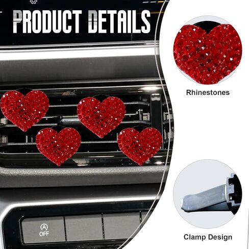 NTNEV 4PCS CAR CAR BLING AIR VENT ، إكسسوارات حجر الراين الكريستالي على شكل قلب ، إكسسوارات تزيين السيارات العالمية ، مقطع مخرج تكييف الهواء (وردي) in Saudi Arabia