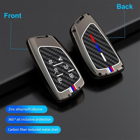 6 Button Heavy Metal Key Fob Cover, Compatible with 2021-2025 2026 GMC Yukon Denali Sierra, Fit for Chevy Silverado Suburban Tahoe Buick, with Carbon Fiber Pattern, Gunmetal (1 Pcs) in Kuwait