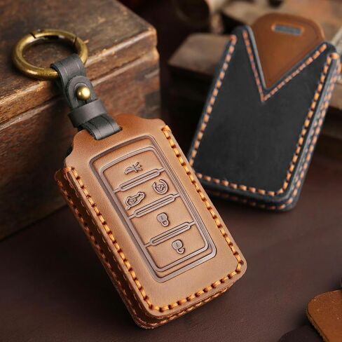 تغطية مفتاح جلدي سهلة لجيب 2021-2024 Grand Cherokee L Grand Wagoneer Key Case Case-keychain حامل المفتاح الذكي البني in Kuwait