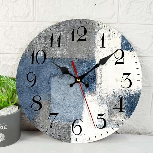 ArtSocket Wooden Wall Clock Silent Non-Ticking, Blue White Grey Abstract Painting Gray Vintage Round Wall Clocks Decor for Home Kitchen Living Room Office, Battery Operated(10 Inch) in Kuwait