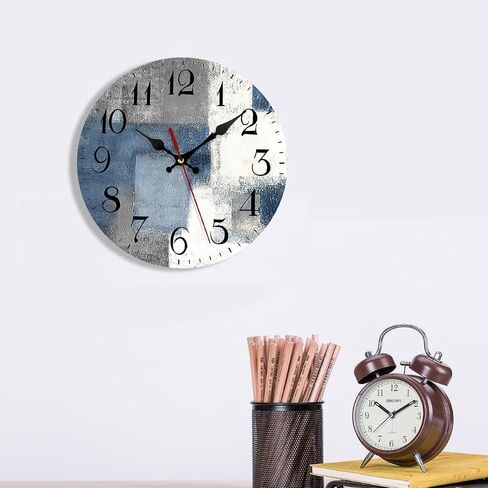 ArtSocket Wooden Wall Clock Silent Non-Ticking, Blue White Grey Abstract Painting Gray Vintage Round Wall Clocks Decor for Home Kitchen Living Room Office, Battery Operated(10 Inch) in Kuwait