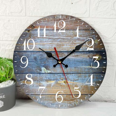 ArtSocket Wooden Wall Clock Silent Non-Ticking, Blue White Grey Abstract Painting Gray Vintage Round Wall Clocks Decor for Home Kitchen Living Room Office, Battery Operated(10 Inch) in Kuwait