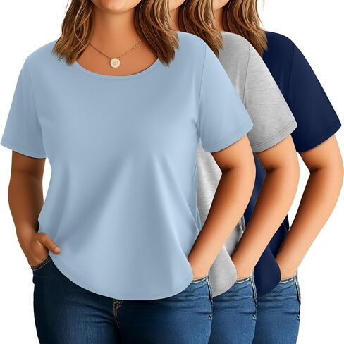 3 Pack Women's Plus Size Cotton Shirts, Scoop Neck Short Sleeve Casual Tops Summer Basic Tunic Tees in Kuwait