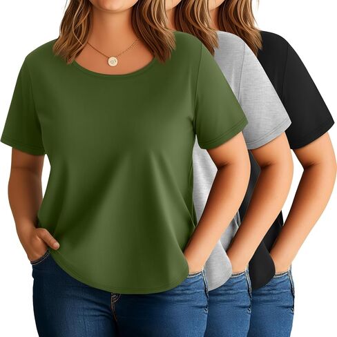 3 Pack Women's Plus Size Cotton Shirts, Scoop Neck Short Sleeve Casual Tops Summer Basic Tunic Tees in Saudi Arabia