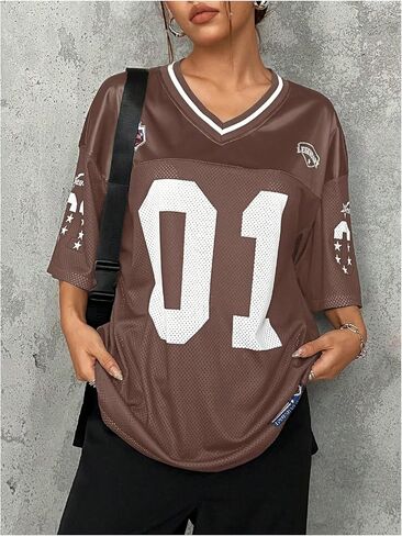 SOLY HUX Women's Plus Size Jersey Shirts Letter Graphic Sports T-Shirts Loose Football Blokecore Tee Tops in Saudi Arabia