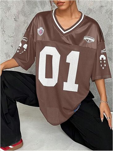 SOLY HUX Women's Plus Size Jersey Shirts Letter Graphic Sports T-Shirts Loose Football Blokecore Tee Tops in Saudi Arabia
