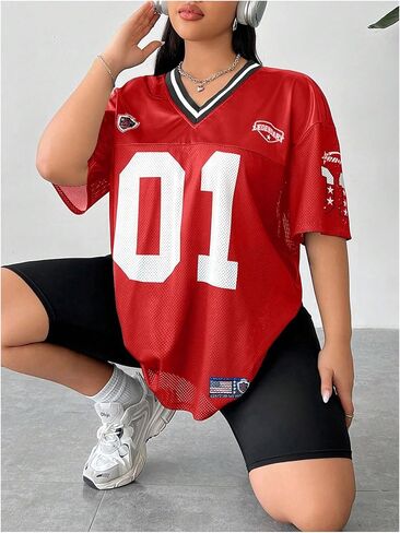 SOLY HUX Women's Plus Size Jersey Shirts Letter Graphic Sports T-Shirts Loose Football Blokecore Tee Tops in Kuwait