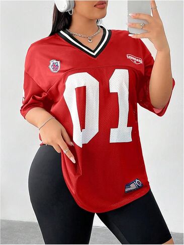 SOLY HUX Women's Plus Size Jersey Shirts Letter Graphic Sports T-Shirts Loose Football Blokecore Tee Tops in Kuwait