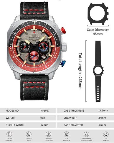 NAVIFORCE MEN MAND FASHION SPORT يشاهد مربعًا عسكريًا كبيرًا في ساعة معصم كرونوغراف ماء مع يدي مضيئة ، حزام جلدي in Kuwait