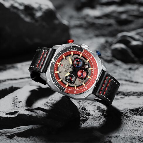 NAVIFORCE MEN MAND FASHION SPORT يشاهد مربعًا عسكريًا كبيرًا في ساعة معصم كرونوغراف ماء مع يدي مضيئة ، حزام جلدي in Kuwait