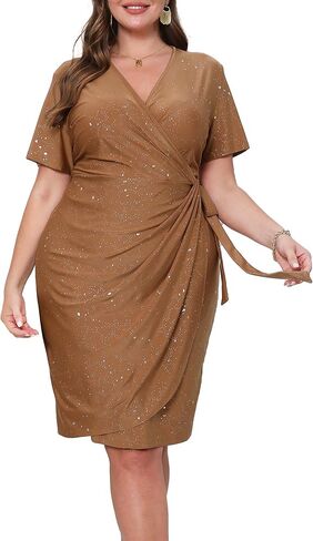 VERWIN Plus Size V Neck Dress Belted Short Sleeve Ruffle Dress Glitter Ruched Bodycon Dress Sparkly Midi Dress in Saudi Arabia