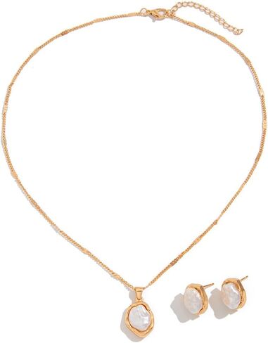 Lume&Thread 18K Gold-Plated Pearl Jewelry Set - Dainty Pearl Necklace & Earrings for Women, Chic Gold-Plated Design, Perfect for Daily Wear & Special Occasions, Ideal Gift for Mom, Girlfriend, Friend in Saudi Arabia