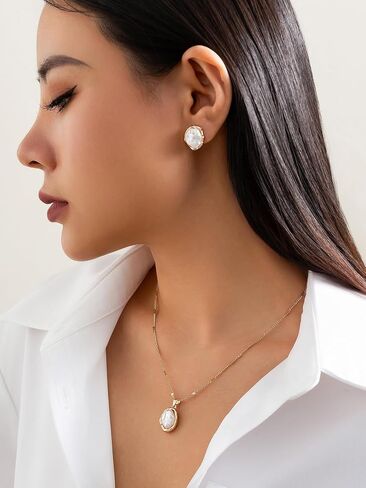 Lume&Thread 18K Gold-Plated Pearl Jewelry Set - Dainty Pearl Necklace & Earrings for Women, Chic Gold-Plated Design, Perfect for Daily Wear & Special Occasions, Ideal Gift for Mom, Girlfriend, Friend in Saudi Arabia