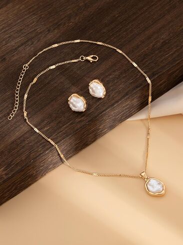Lume&Thread 18K Gold-Plated Pearl Jewelry Set - Dainty Pearl Necklace & Earrings for Women, Chic Gold-Plated Design, Perfect for Daily Wear & Special Occasions, Ideal Gift for Mom, Girlfriend, Friend in Saudi Arabia