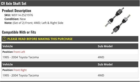 Front CV Axle Shaft Set of 2 - Compatible with 1995-2004 Toyota Tacoma 4WD in Saudi Arabia