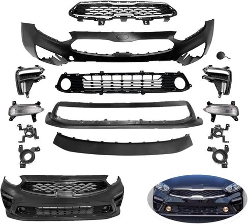 طقم غلاف المصد الأمامي Forte متوافق مع 2019 2020 2021 Kia Forte L ، LX ، Ex ، GT ، Fe - مصد قدم كامل مع مجموعة الشواء السفلى مصابيح الشواء والضباب. in Saudi Arabia