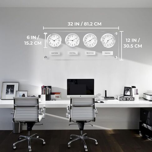 BBHORAIRE Silver Time Zone Wall Clock Mondial Decor Silent Non-Ticking Quartz Analog Battery Operated Multiple City/Country/Region/World Clocks for Home Office Business Study Easy Install 32x12Inch in Saudi Arabia